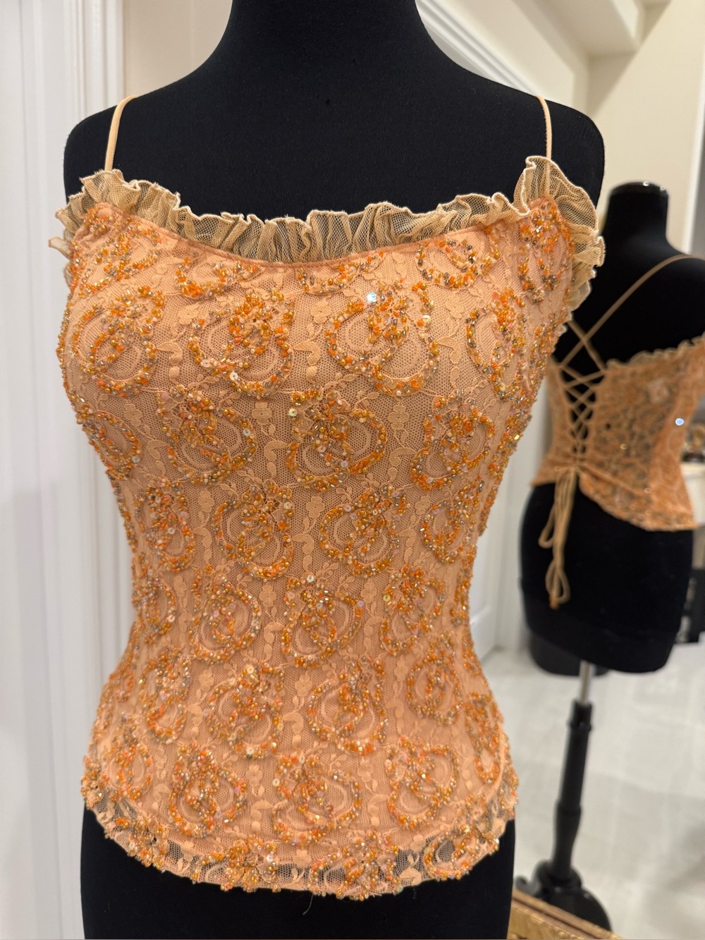 Hand beaded, gold-Peach stretch Lace Spaghetti-Strap Top corset style NWT small